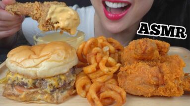 ASMR CHEESY BURGER + FRIED CHICKEN + CHEESE SAUCE (EATING SOUNDS) LIGHT WHISPERS | SAS-ASMR