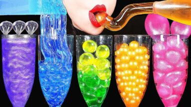ASMR RAINBOW DRINKS DRINKING SOUNDS 신기한 물 먹방 EDIBLE WATER BOTTLE, HONEY JELLY, BOBA EATING SOUNDS